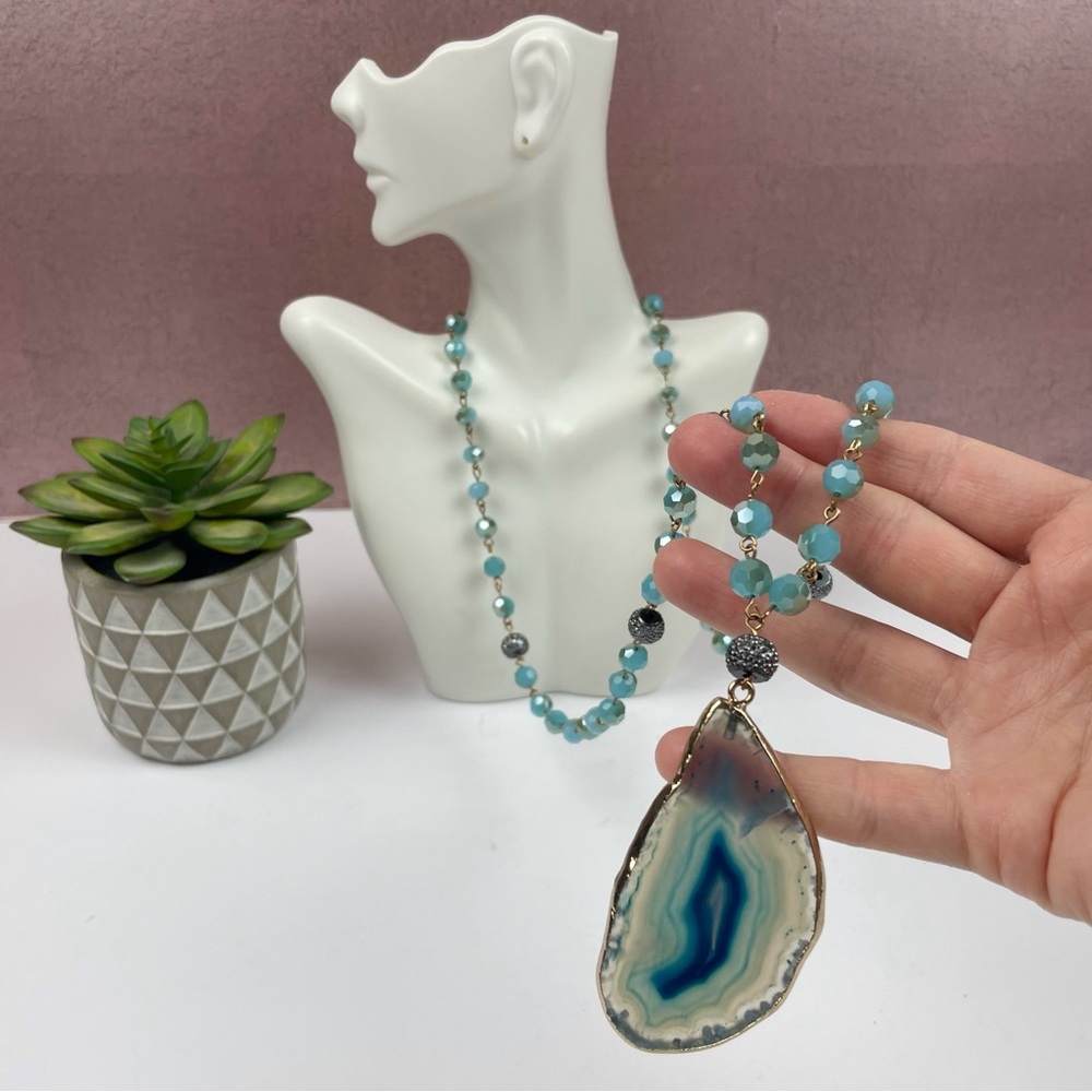 Stella & Ruby Blue Gold Beaded Gemstone Rock Boho Bohemian Long Necklace Jewelry